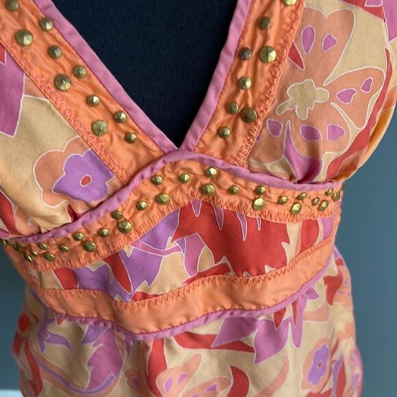 Express 100% silk shades of pink/red/orange/purple floral print fitted waist top - Picture 7 of 8